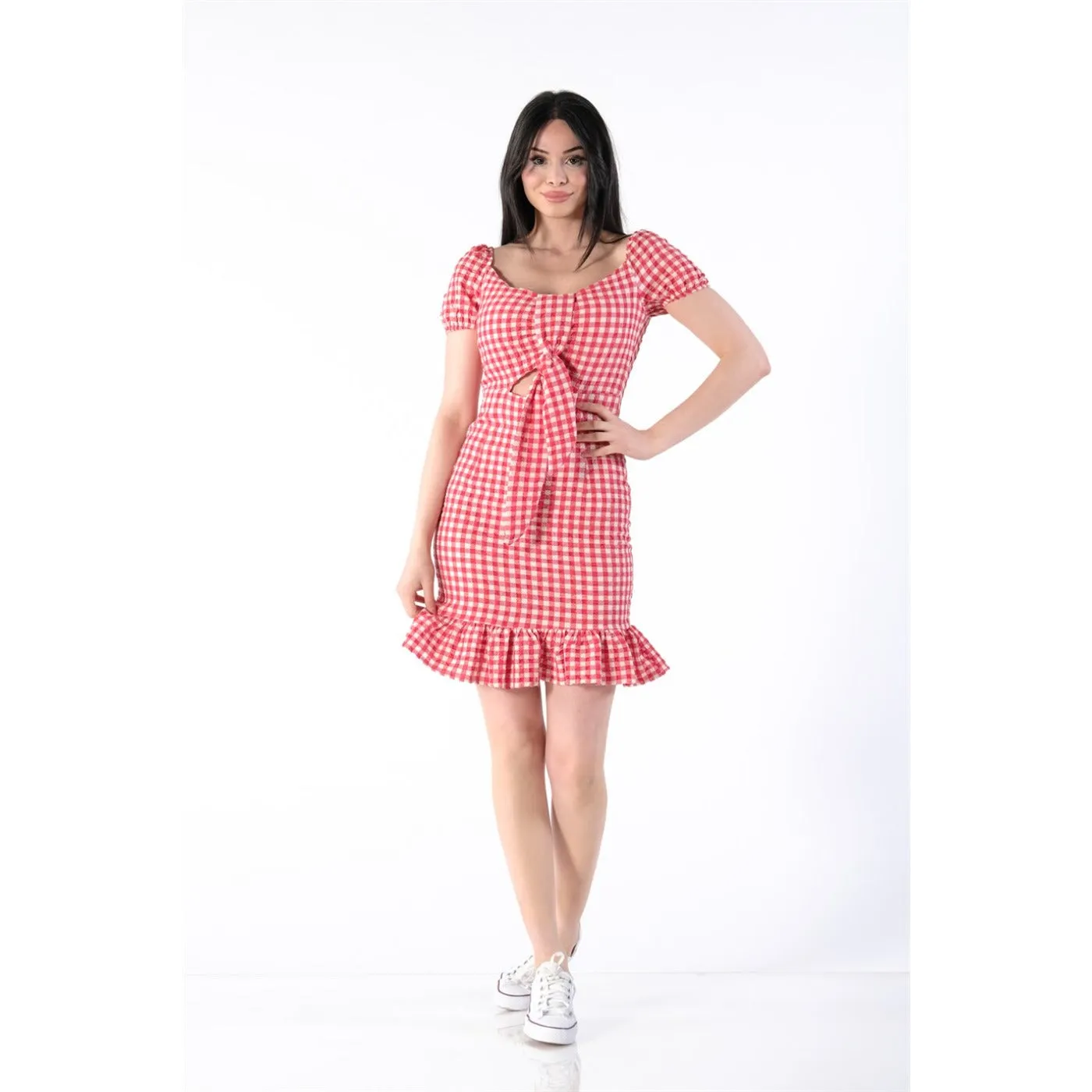 Neck Belted Plaid Red Dress