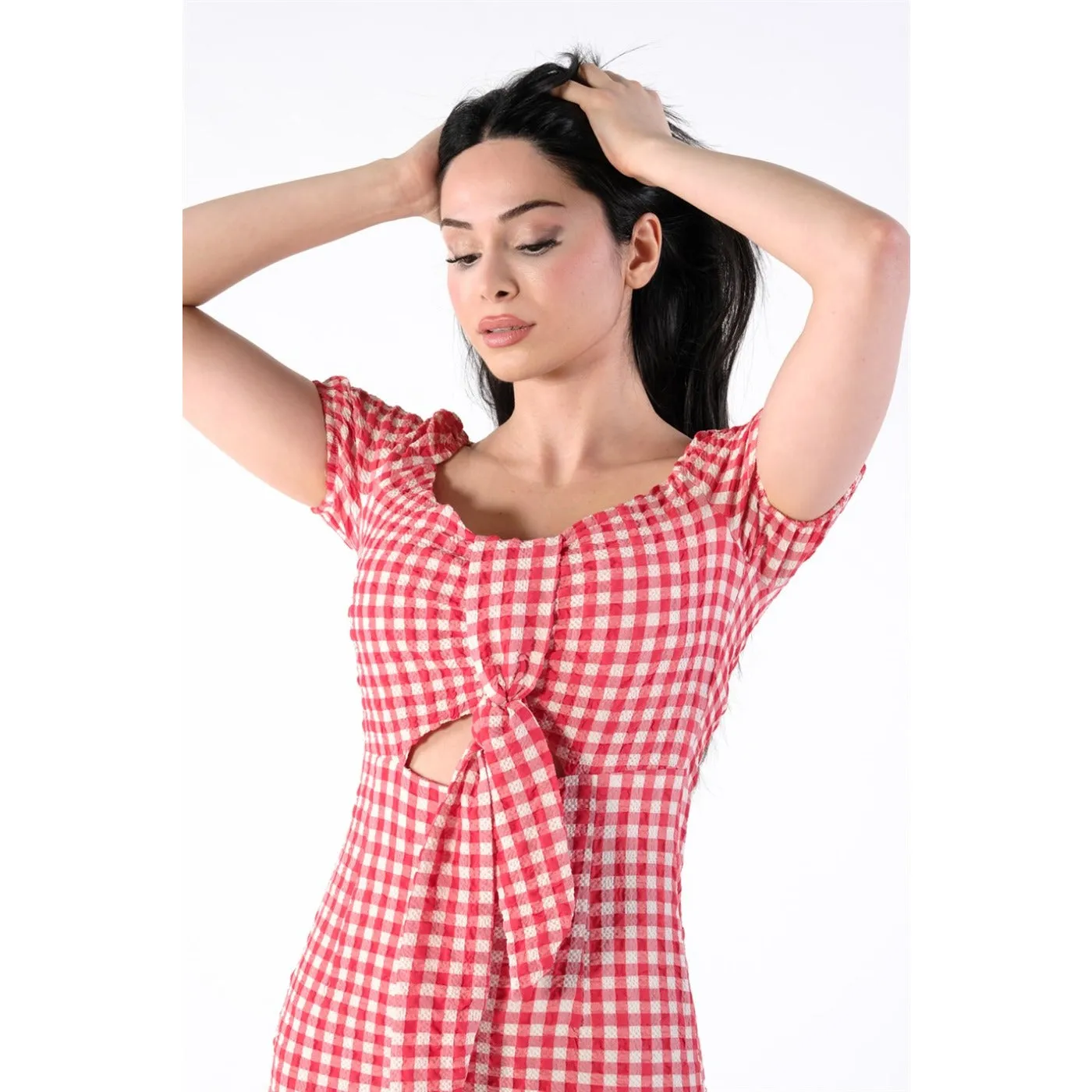 Neck Belted Plaid Red Dress