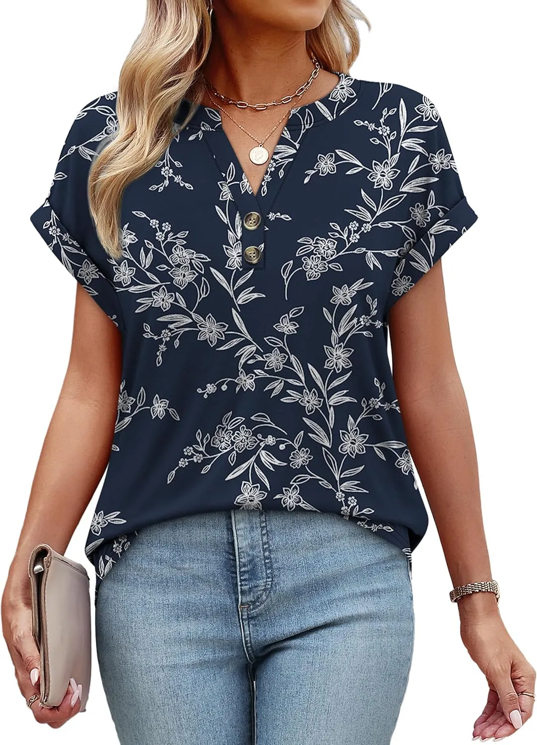 OFEEFAN Womens Tops and Blouses Dressy Casual V Neck Tshirts Short Sleeve Summer Clothes Trendy 2025