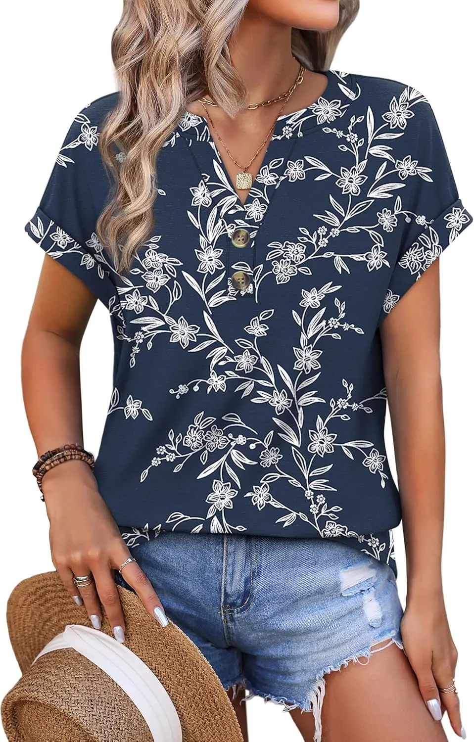 OFEEFAN Womens Tops and Blouses Dressy Casual V Neck Tshirts Short Sleeve Summer Clothes Trendy 2025