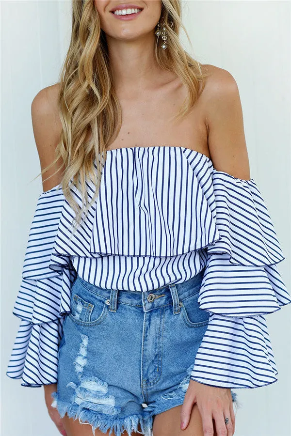 Off-Shoulder Falbala Long Sleeve Strip Loose Blouse