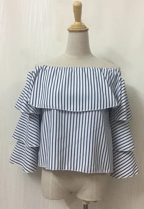 Off-Shoulder Falbala Long Sleeve Strip Loose Blouse