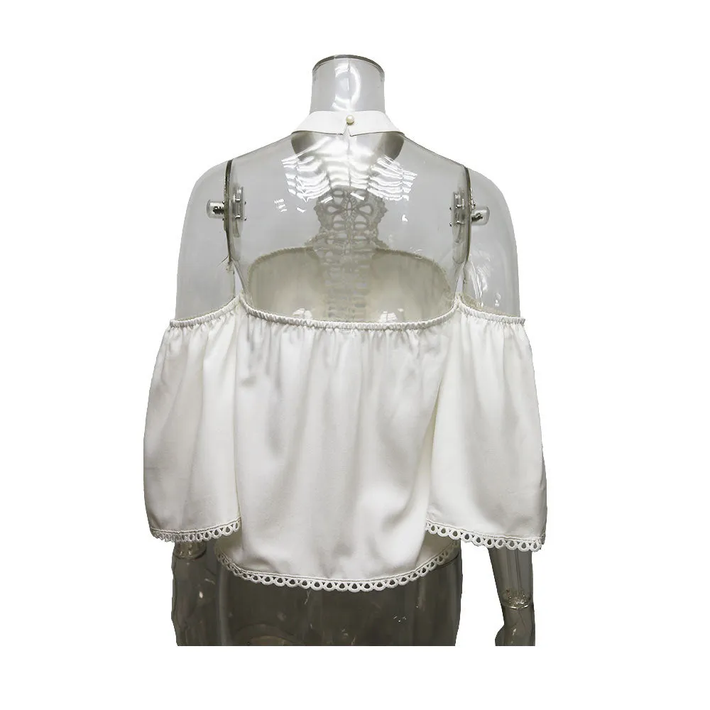 Off Shoulder Lace Chiffon Patchwork Pure Color 3/4 Sleeves Blouse