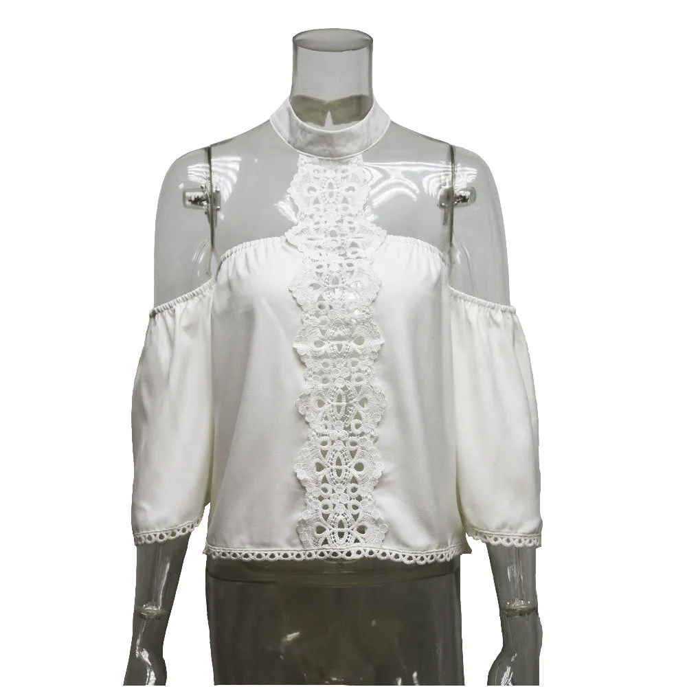 Off Shoulder Lace Chiffon Patchwork Pure Color 3/4 Sleeves Blouse