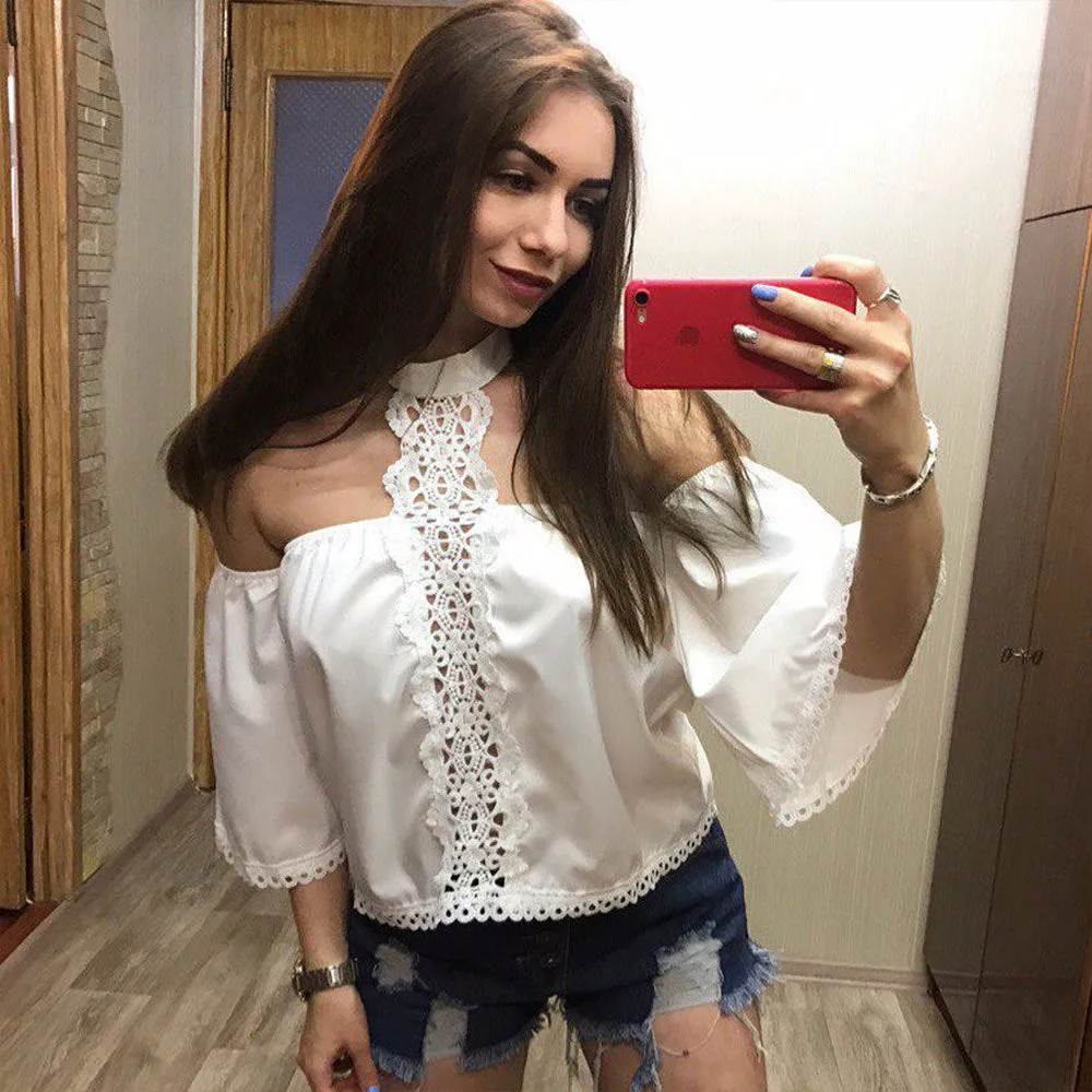 Off Shoulder Lace Chiffon Patchwork Pure Color 3/4 Sleeves Blouse