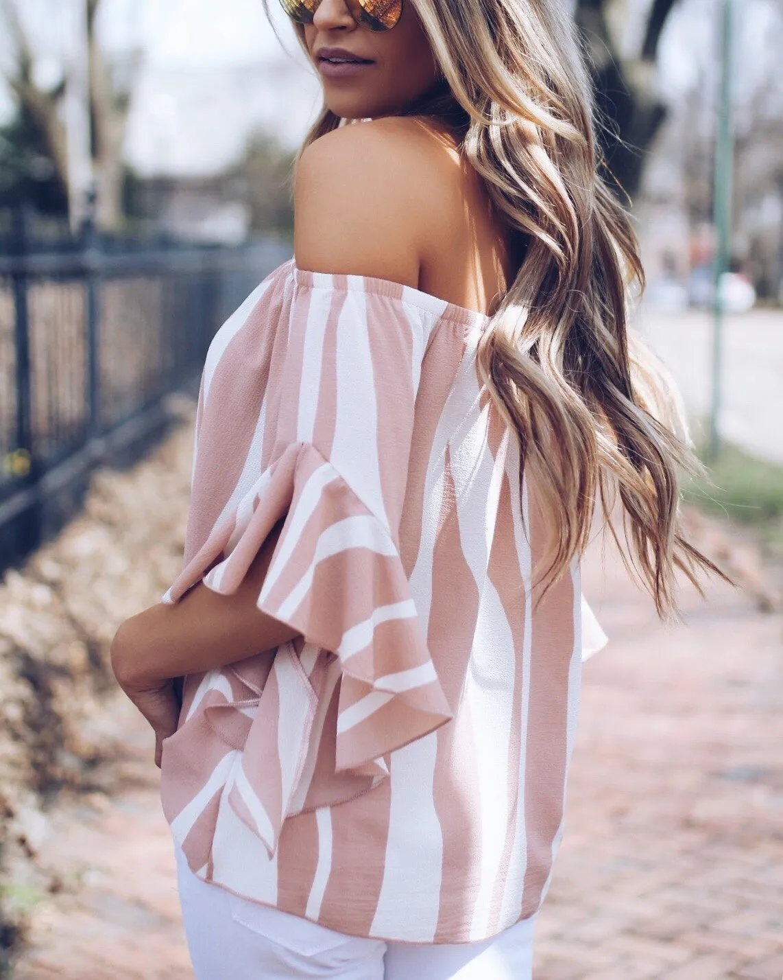 Off Shoulder Striped Strap Short Sleeves Ruffles Blouses