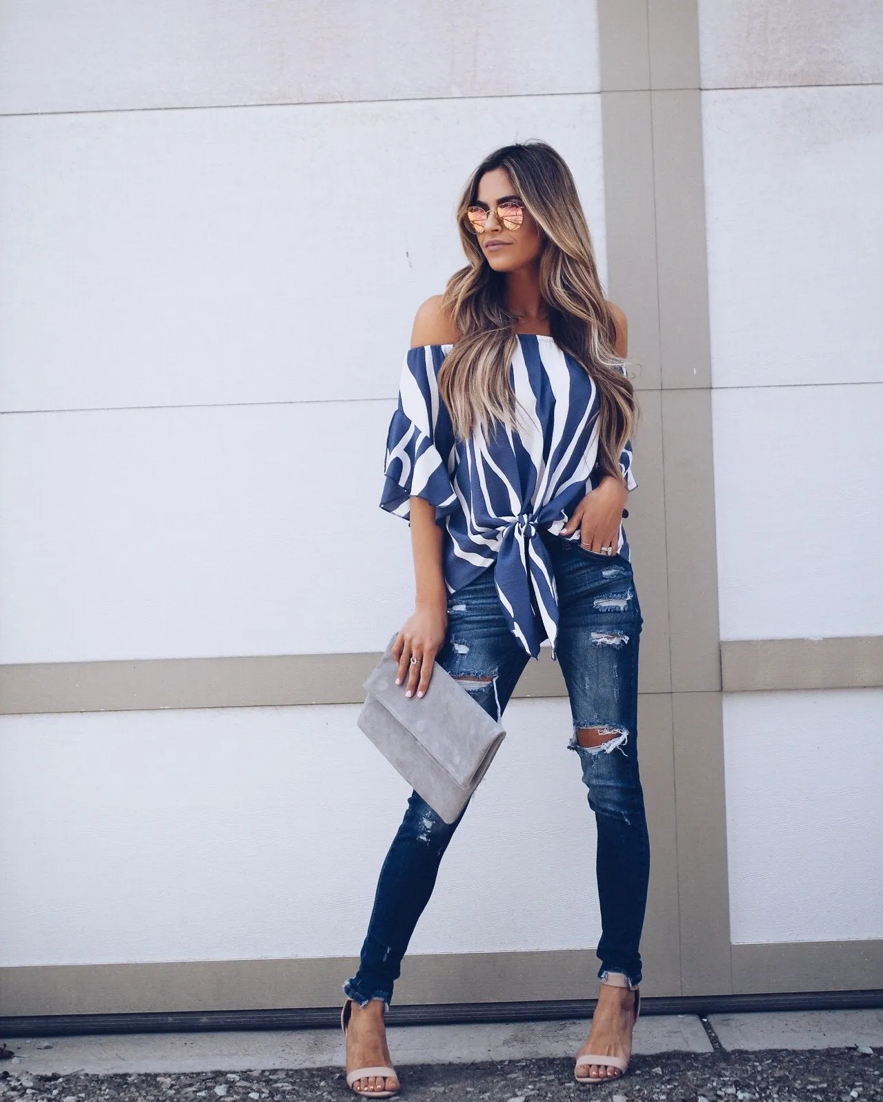 Off Shoulder Striped Strap Short Sleeves Ruffles Blouses