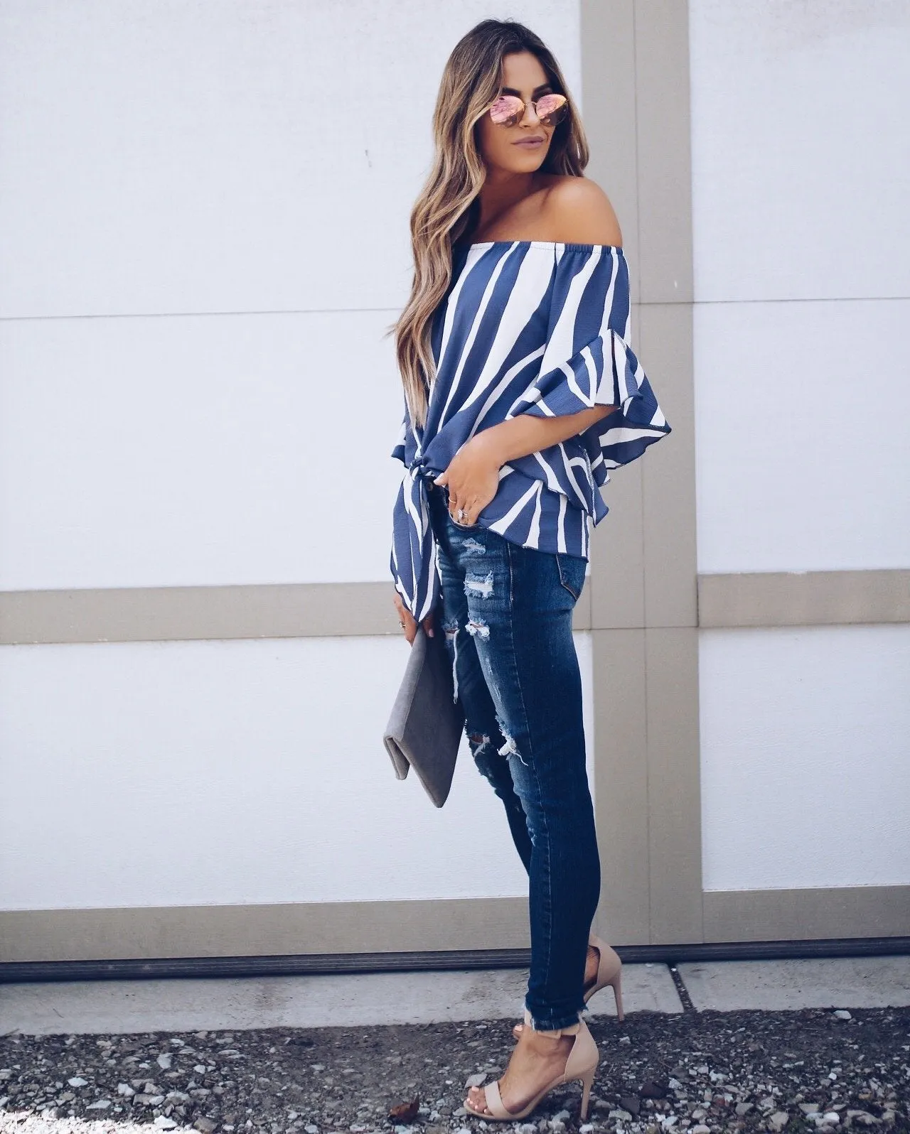Off Shoulder Striped Strap Short Sleeves Ruffles Blouses