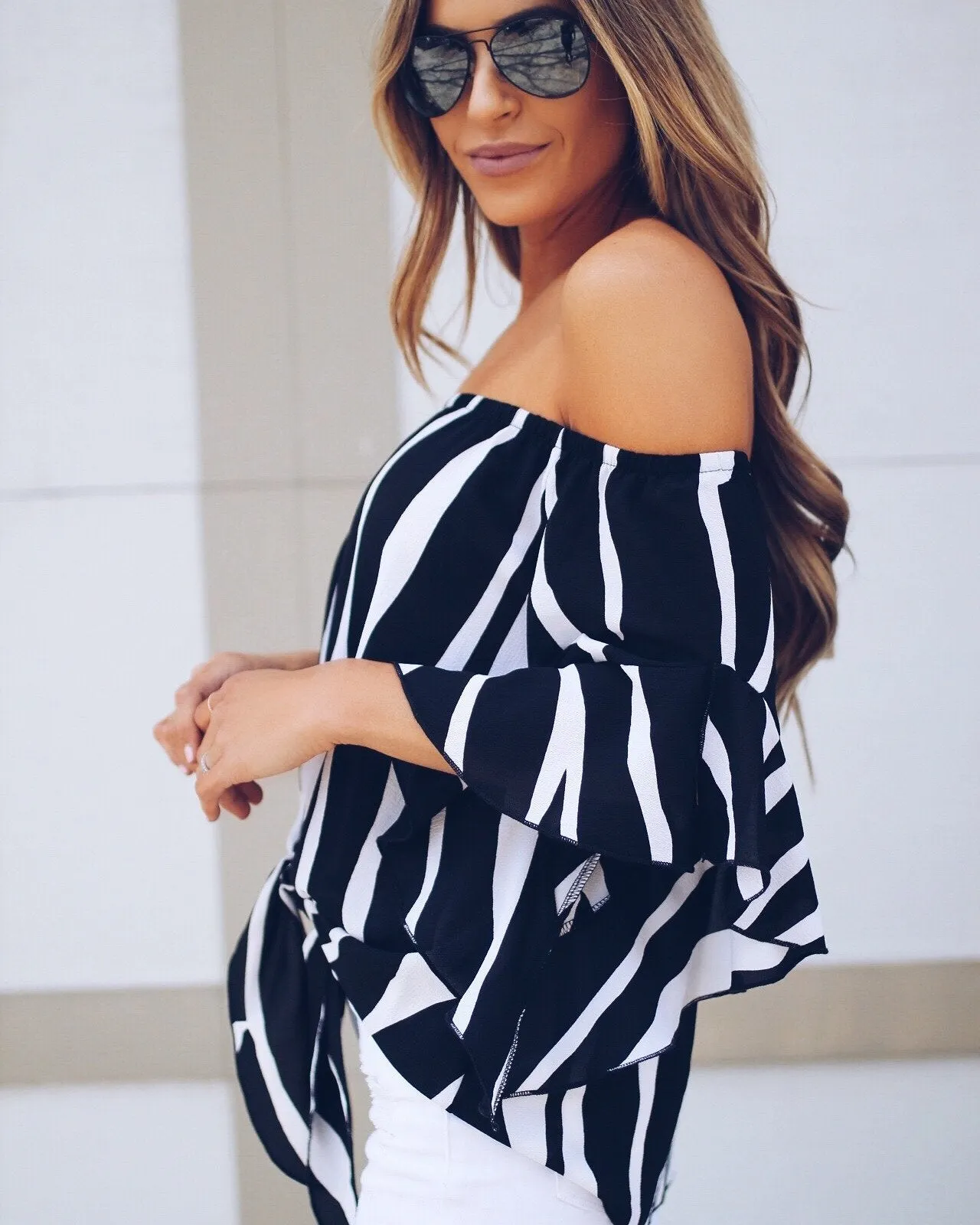 Off Shoulder Striped Strap Short Sleeves Ruffles Blouses