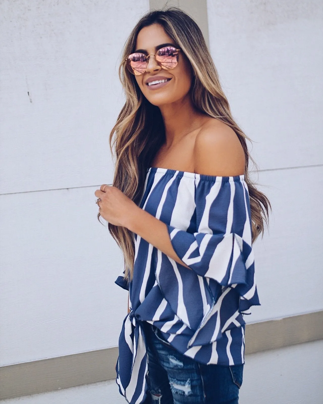 Off Shoulder Striped Strap Short Sleeves Ruffles Blouses