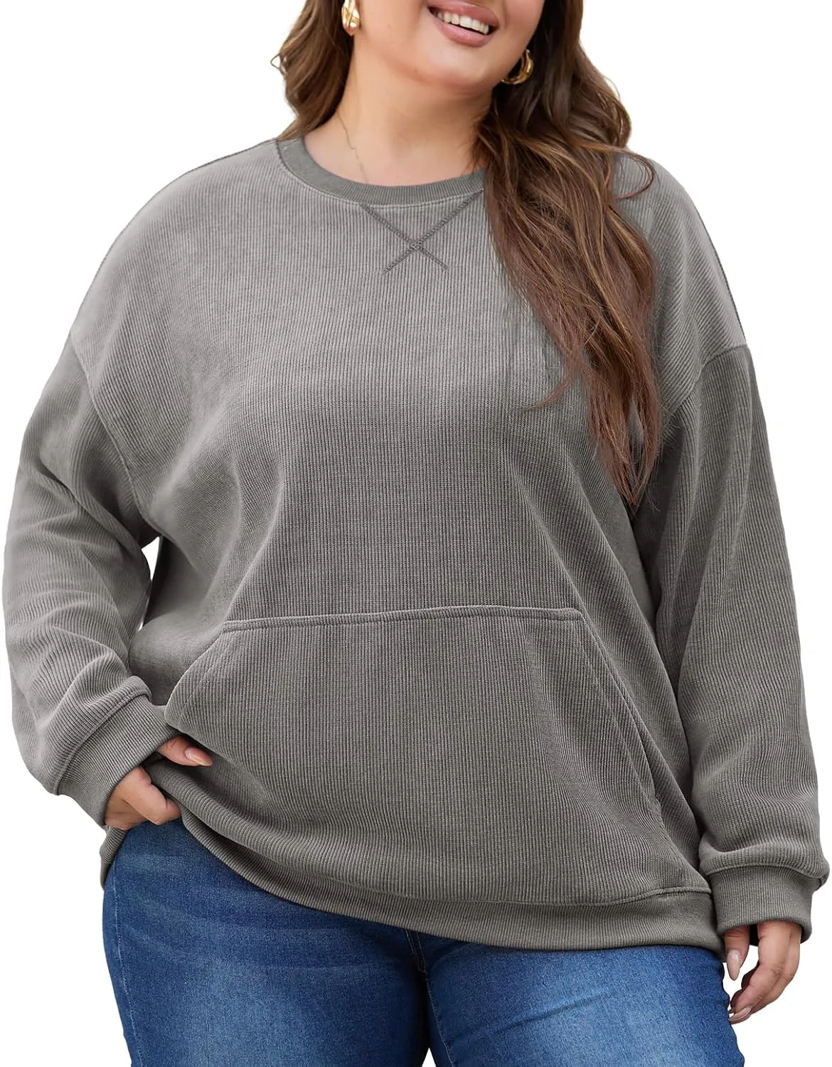 OLRIK Plus Size Sweatshirts for Women Corduroy Knit Long Sleeve Crew Neck Pullover with Pocket 2025 Trendy Sweater 1X-5X