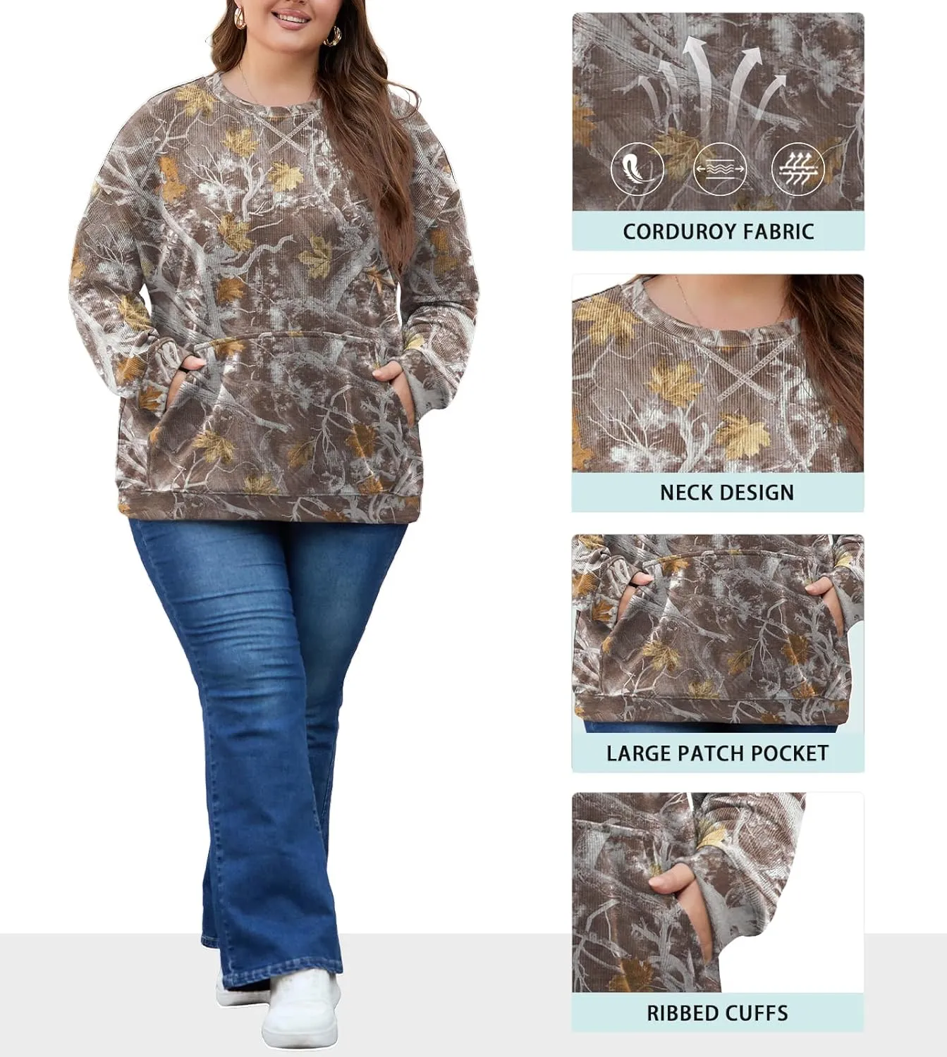 OLRIK Plus Size Sweatshirts for Women Corduroy Knit Long Sleeve Crew Neck Pullover with Pocket 2025 Trendy Sweater 1X-5X