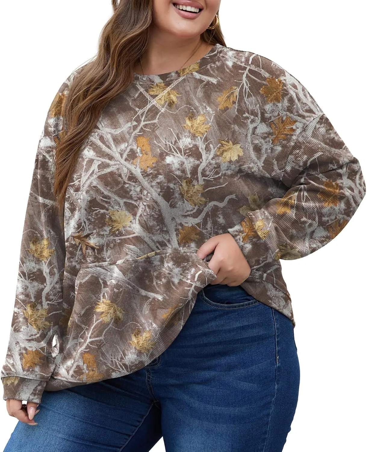 OLRIK Plus Size Sweatshirts for Women Corduroy Knit Long Sleeve Crew Neck Pullover with Pocket 2025 Trendy Sweater 1X-5X