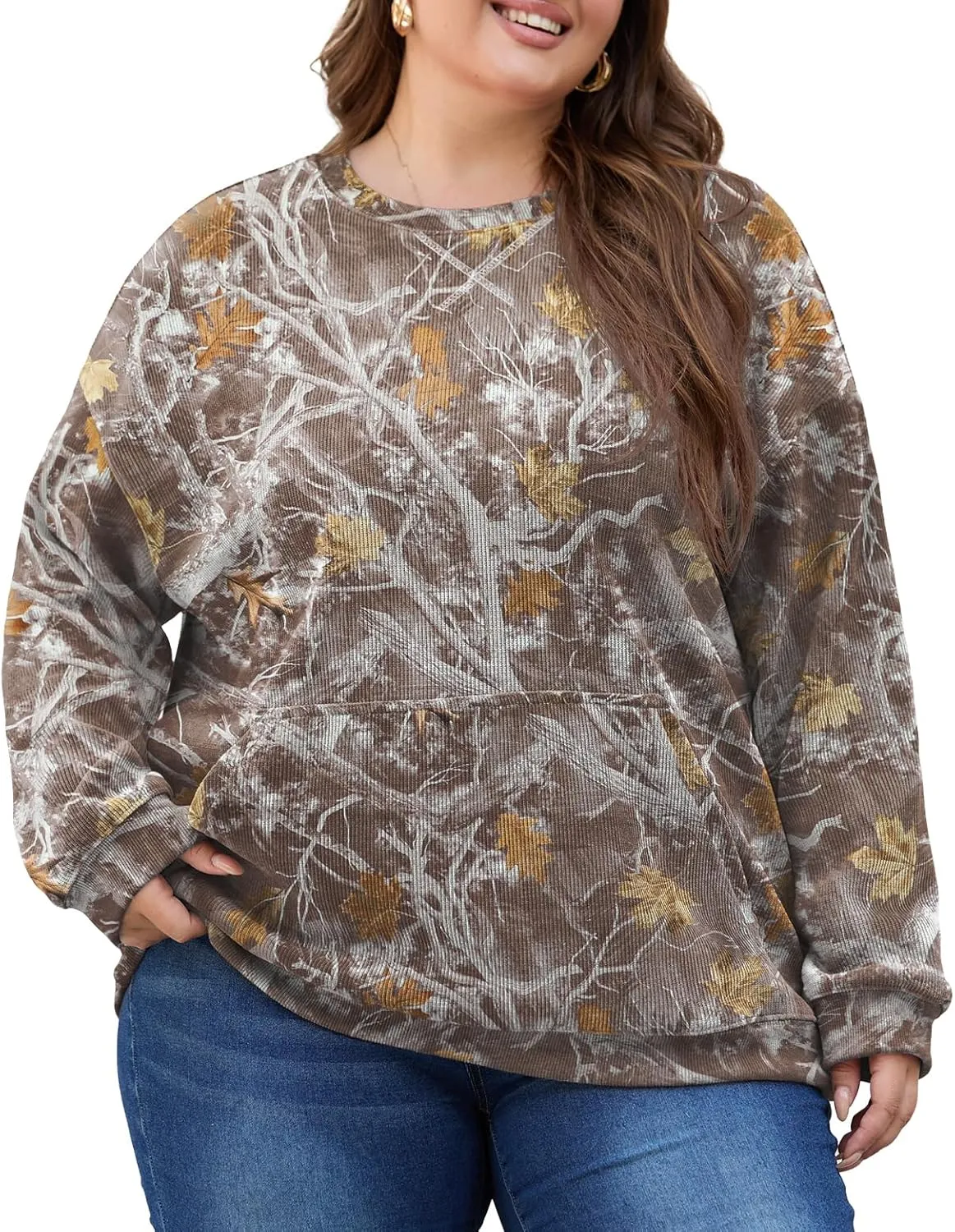 OLRIK Plus Size Sweatshirts for Women Corduroy Knit Long Sleeve Crew Neck Pullover with Pocket 2025 Trendy Sweater 1X-5X