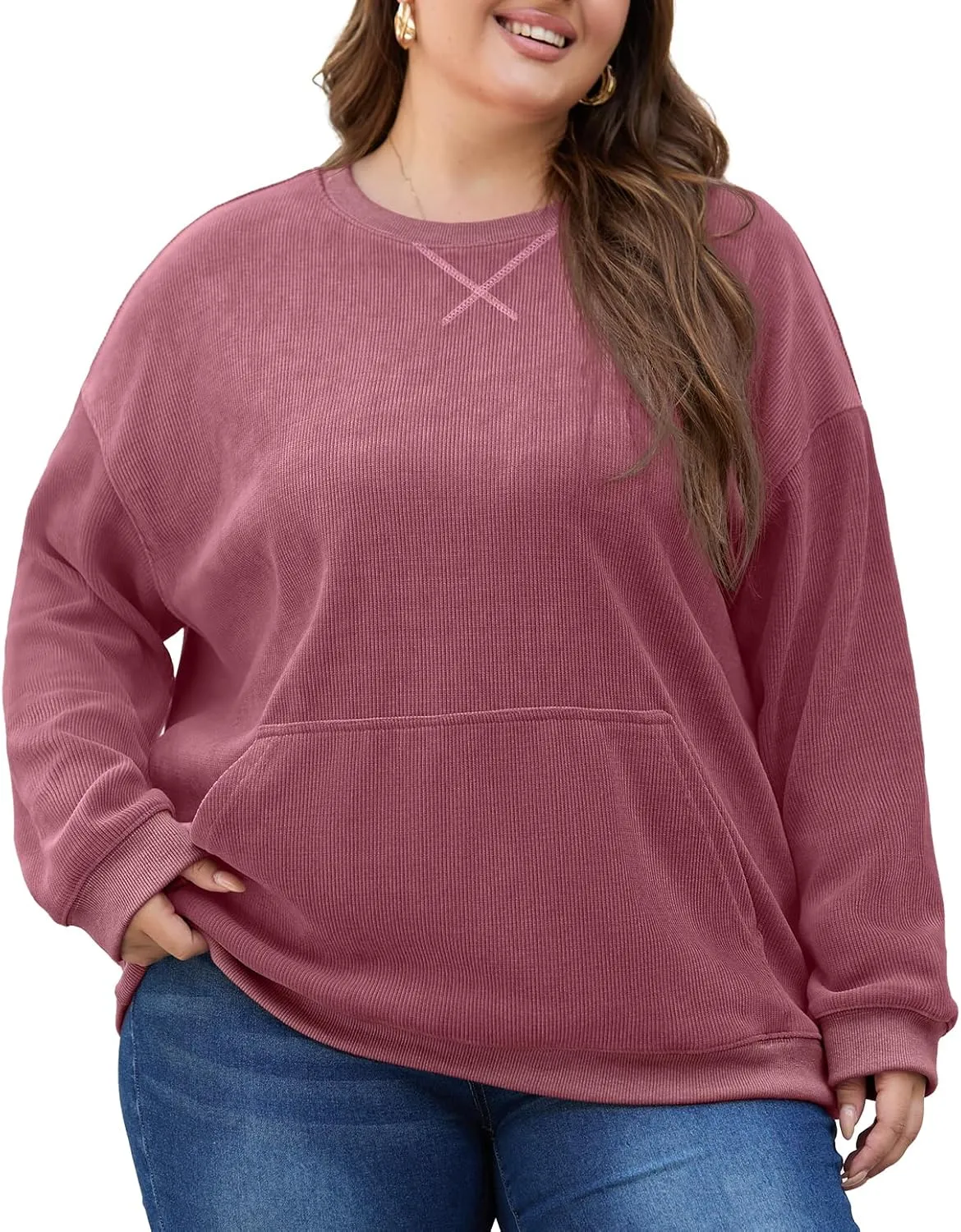 OLRIK Plus Size Sweatshirts for Women Corduroy Knit Long Sleeve Crew Neck Pullover with Pocket 2025 Trendy Sweater 1X-5X