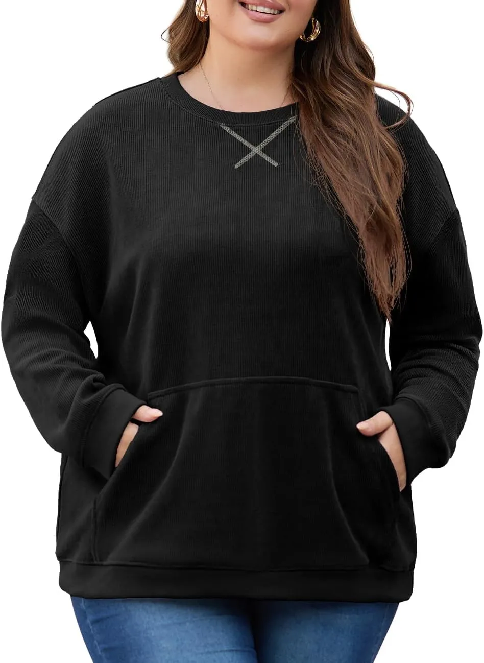 OLRIK Plus Size Sweatshirts for Women Corduroy Knit Long Sleeve Crew Neck Pullover with Pocket 2025 Trendy Sweater 1X-5X