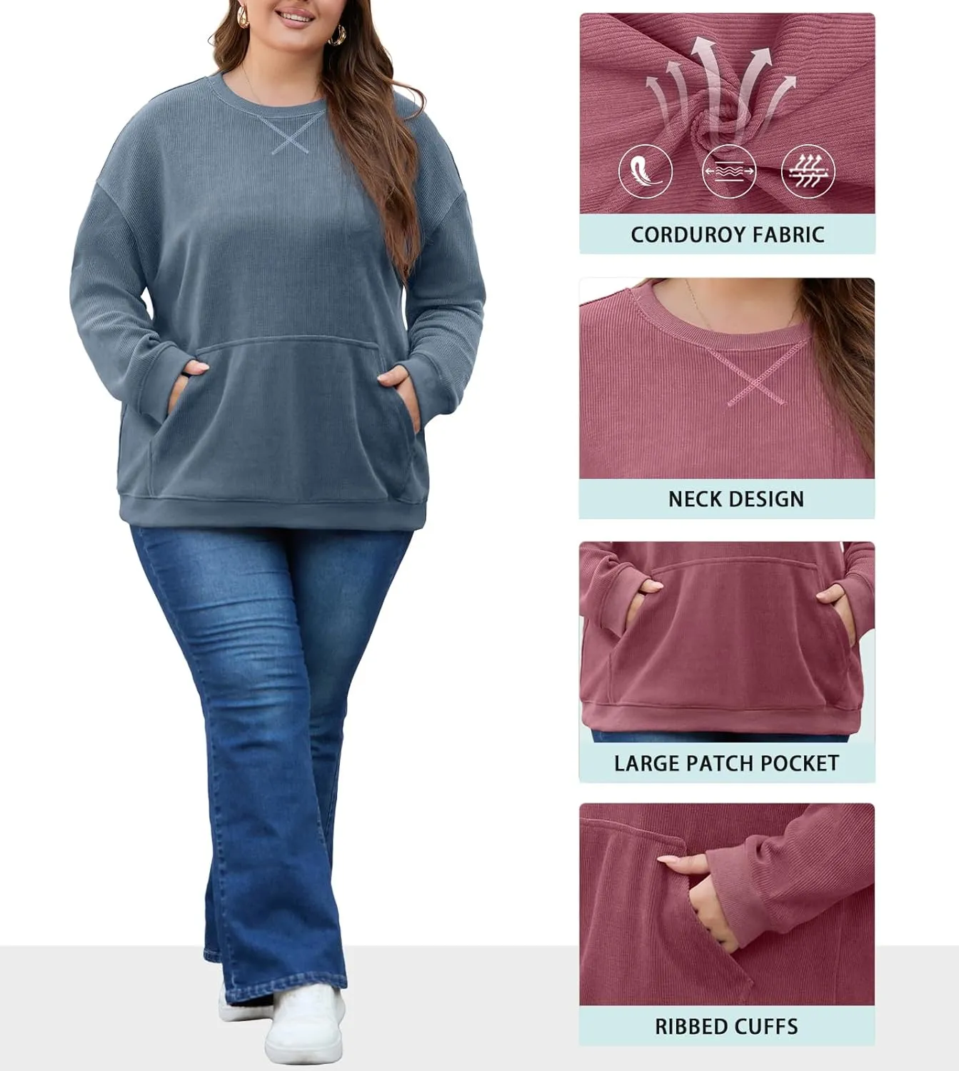 OLRIK Plus Size Sweatshirts for Women Corduroy Knit Long Sleeve Crew Neck Pullover with Pocket 2025 Trendy Sweater 1X-5X