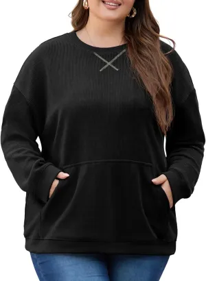 OLRIK Plus Size Sweatshirts for Women Corduroy Knit Long Sleeve Crew Neck Pullover with Pocket 2025 Trendy Sweater 1X-5X