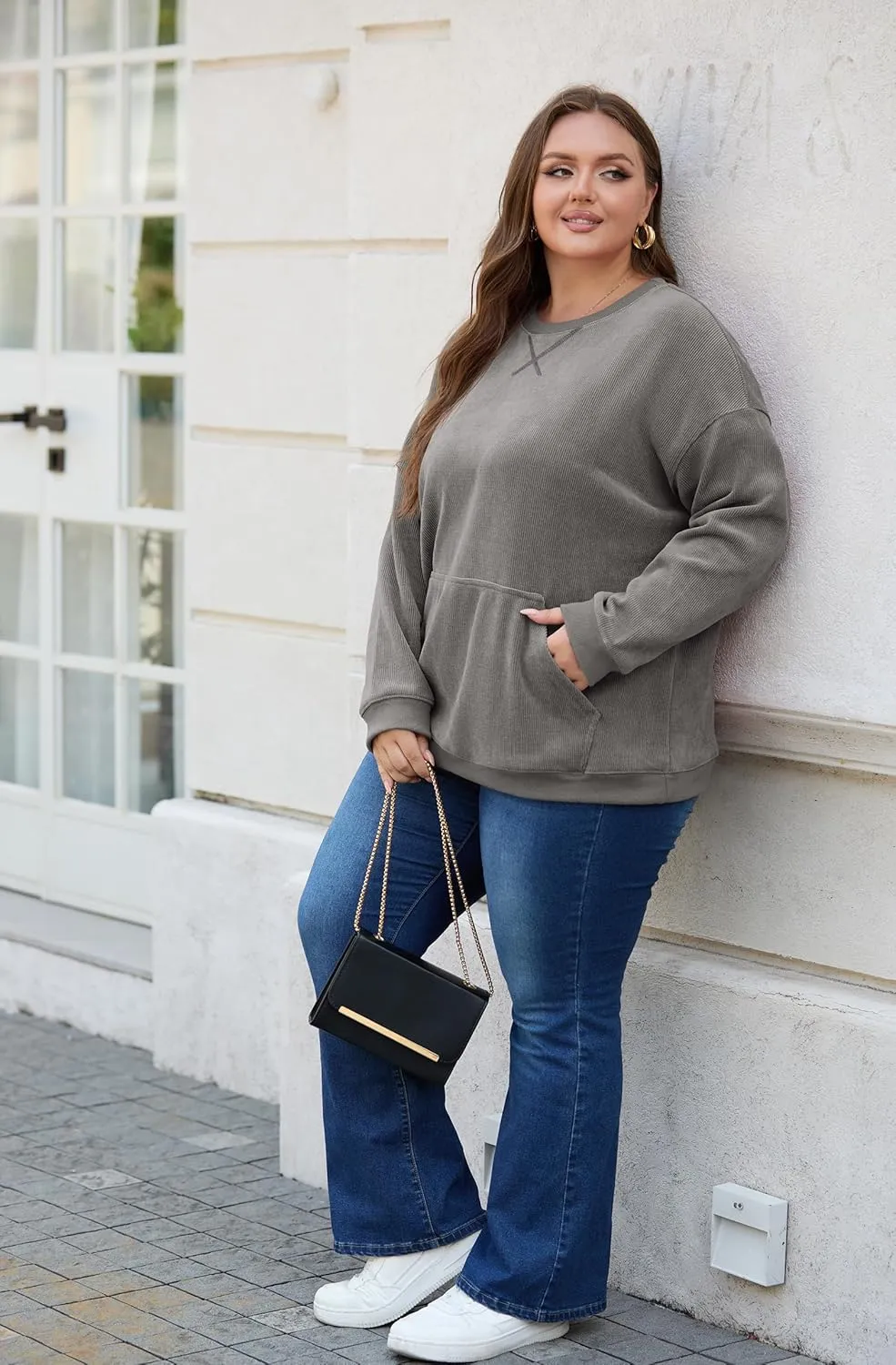OLRIK Plus Size Sweatshirts for Women Corduroy Knit Long Sleeve Crew Neck Pullover with Pocket 2025 Trendy Sweater 1X-5X