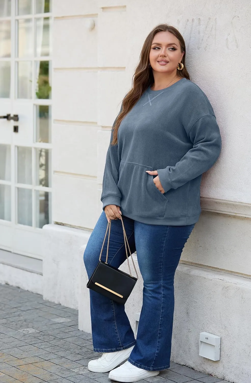 OLRIK Plus Size Sweatshirts for Women Corduroy Knit Long Sleeve Crew Neck Pullover with Pocket 2025 Trendy Sweater 1X-5X