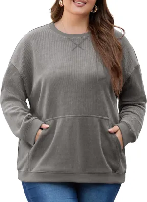 OLRIK Plus Size Sweatshirts for Women Corduroy Knit Long Sleeve Crew Neck Pullover with Pocket 2025 Trendy Sweater 1X-5X