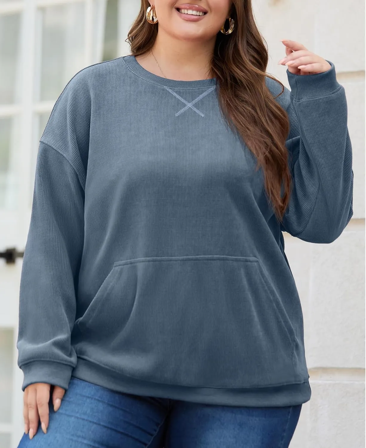 OLRIK Plus Size Sweatshirts for Women Corduroy Knit Long Sleeve Crew Neck Pullover with Pocket 2025 Trendy Sweater 1X-5X