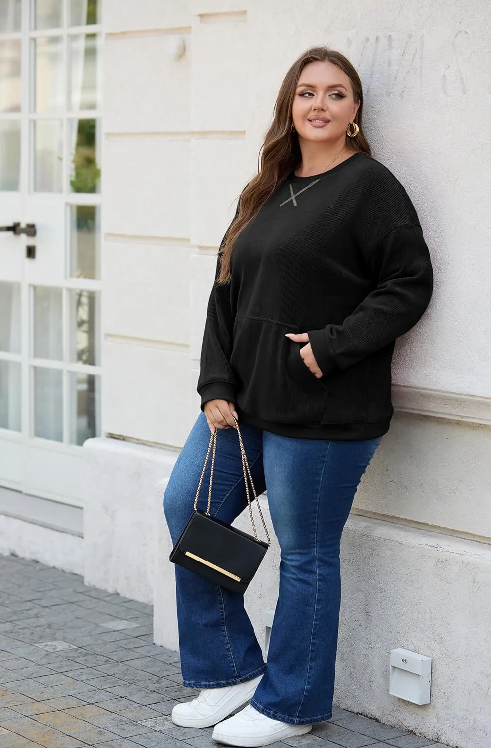 OLRIK Plus Size Sweatshirts for Women Corduroy Knit Long Sleeve Crew Neck Pullover with Pocket 2025 Trendy Sweater 1X-5X