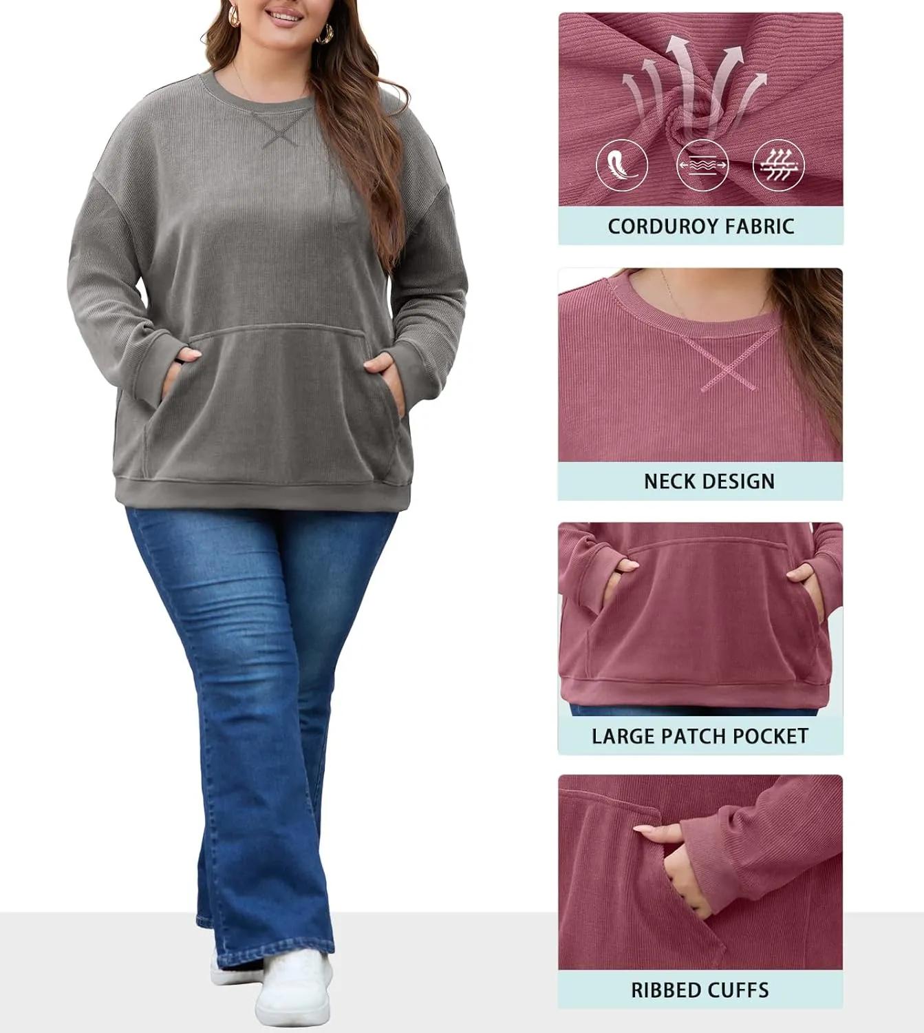 OLRIK Plus Size Sweatshirts for Women Corduroy Knit Long Sleeve Crew Neck Pullover with Pocket 2025 Trendy Sweater 1X-5X