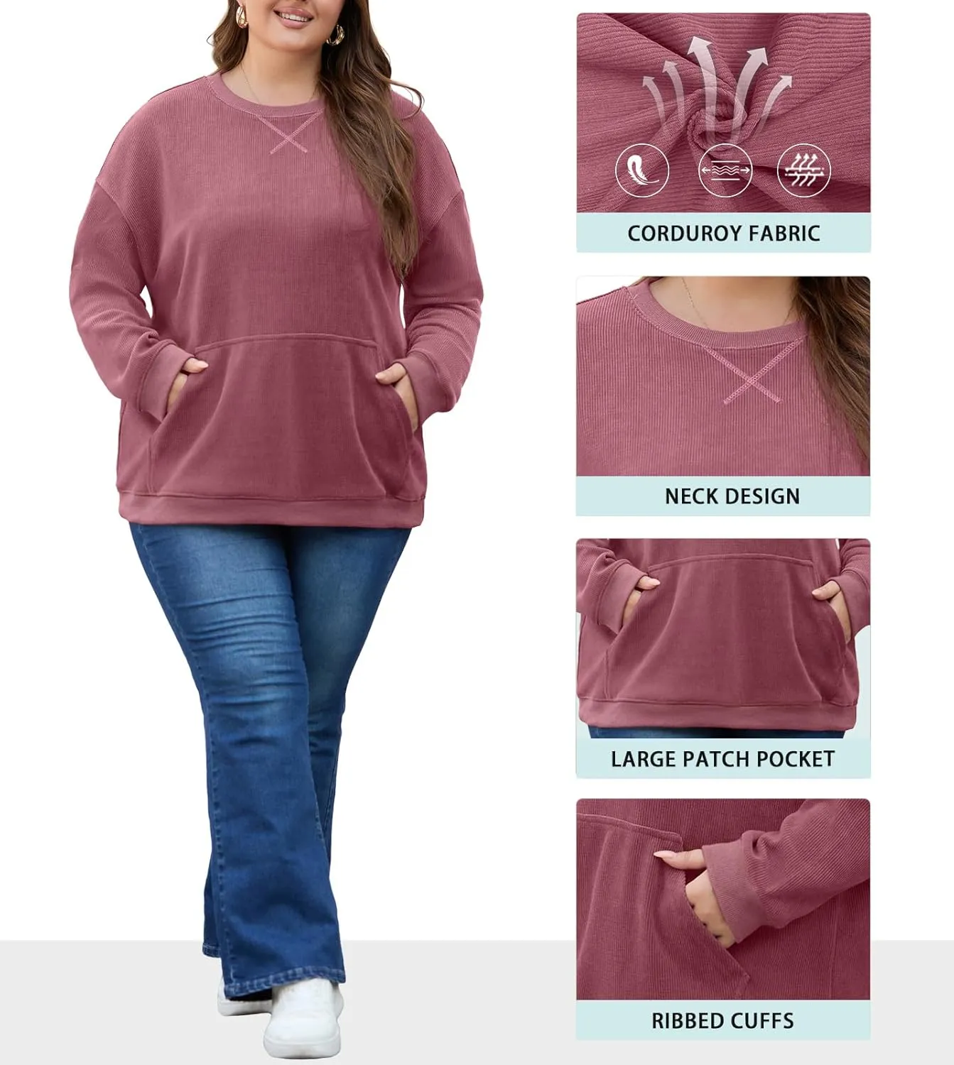 OLRIK Plus Size Sweatshirts for Women Corduroy Knit Long Sleeve Crew Neck Pullover with Pocket 2025 Trendy Sweater 1X-5X