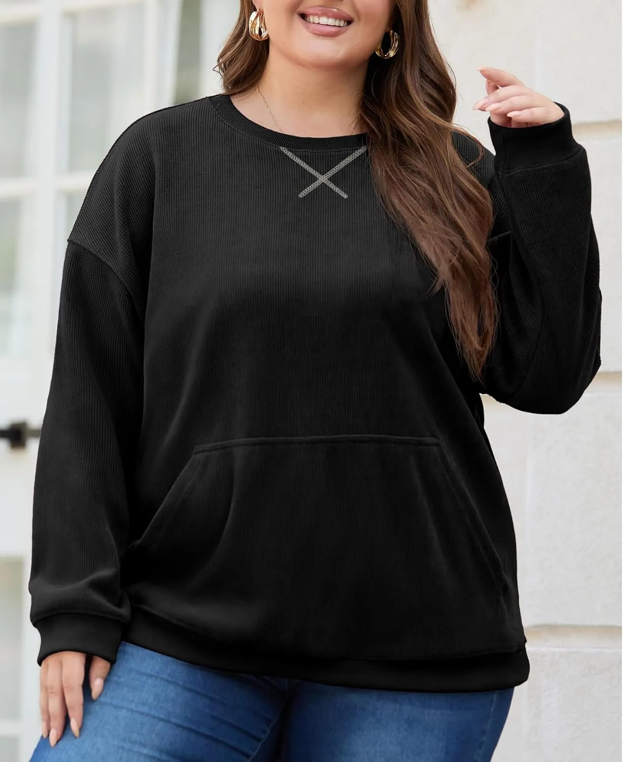 OLRIK Plus Size Sweatshirts for Women Corduroy Knit Long Sleeve Crew Neck Pullover with Pocket 2025 Trendy Sweater 1X-5X