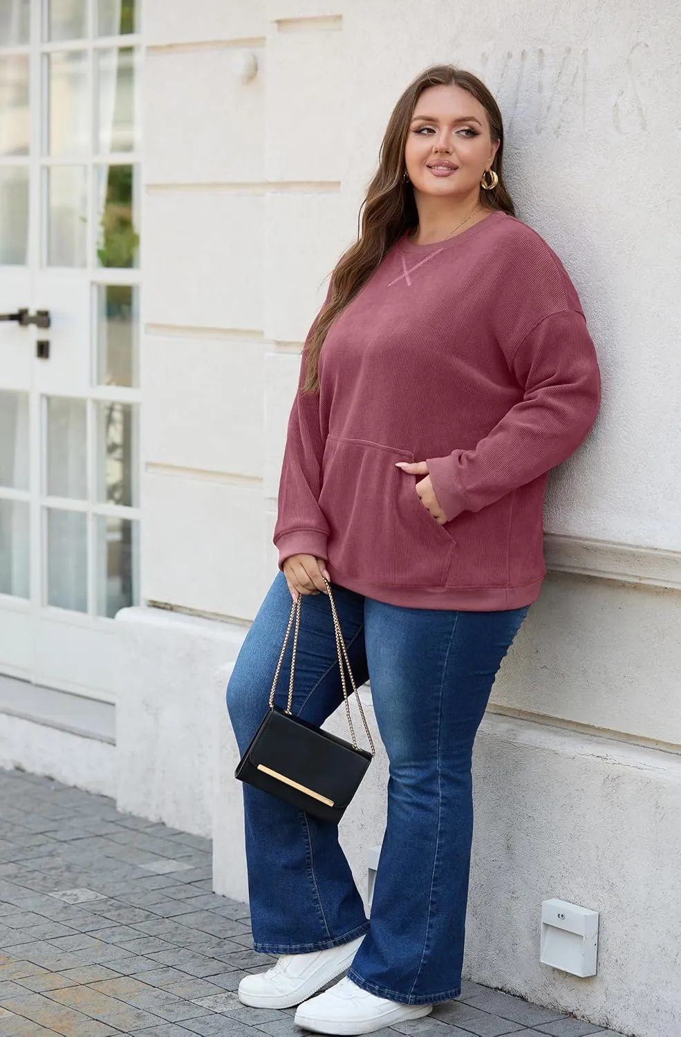 OLRIK Plus Size Sweatshirts for Women Corduroy Knit Long Sleeve Crew Neck Pullover with Pocket 2025 Trendy Sweater 1X-5X