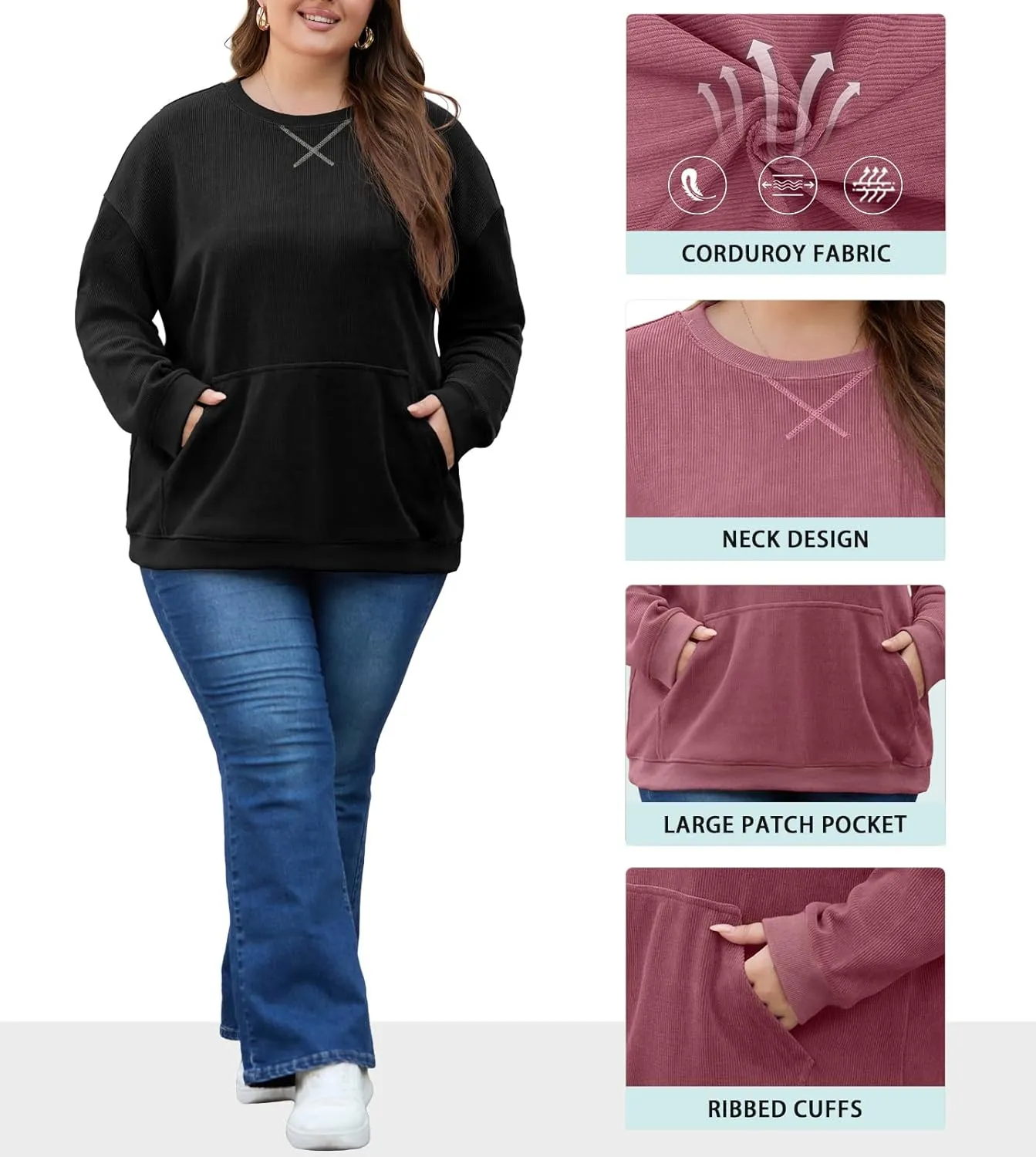 OLRIK Plus Size Sweatshirts for Women Corduroy Knit Long Sleeve Crew Neck Pullover with Pocket 2025 Trendy Sweater 1X-5X