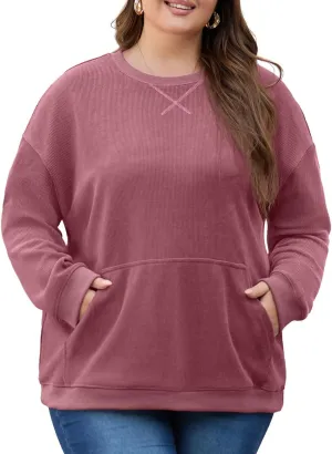 OLRIK Plus Size Sweatshirts for Women Corduroy Knit Long Sleeve Crew Neck Pullover with Pocket 2025 Trendy Sweater 1X-5X