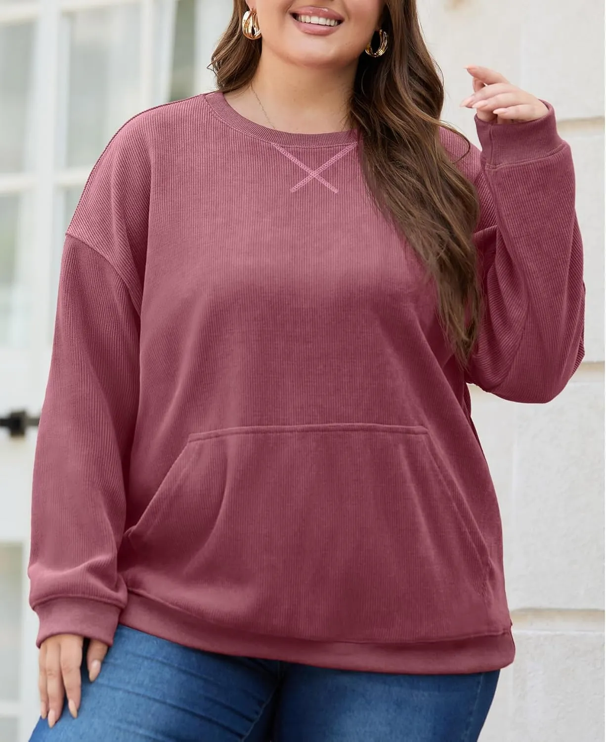OLRIK Plus Size Sweatshirts for Women Corduroy Knit Long Sleeve Crew Neck Pullover with Pocket 2025 Trendy Sweater 1X-5X