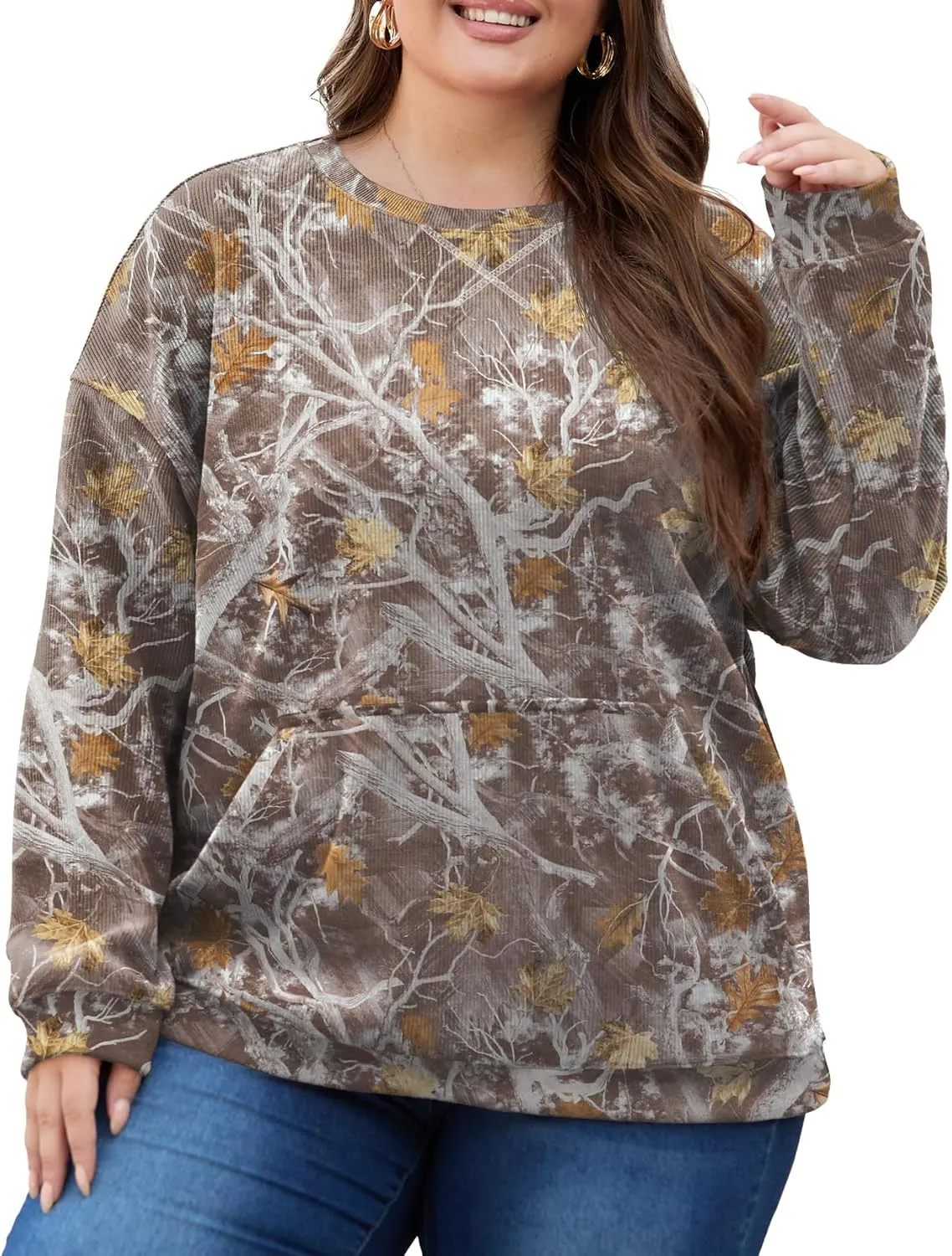 OLRIK Plus Size Sweatshirts for Women Corduroy Knit Long Sleeve Crew Neck Pullover with Pocket 2025 Trendy Sweater 1X-5X