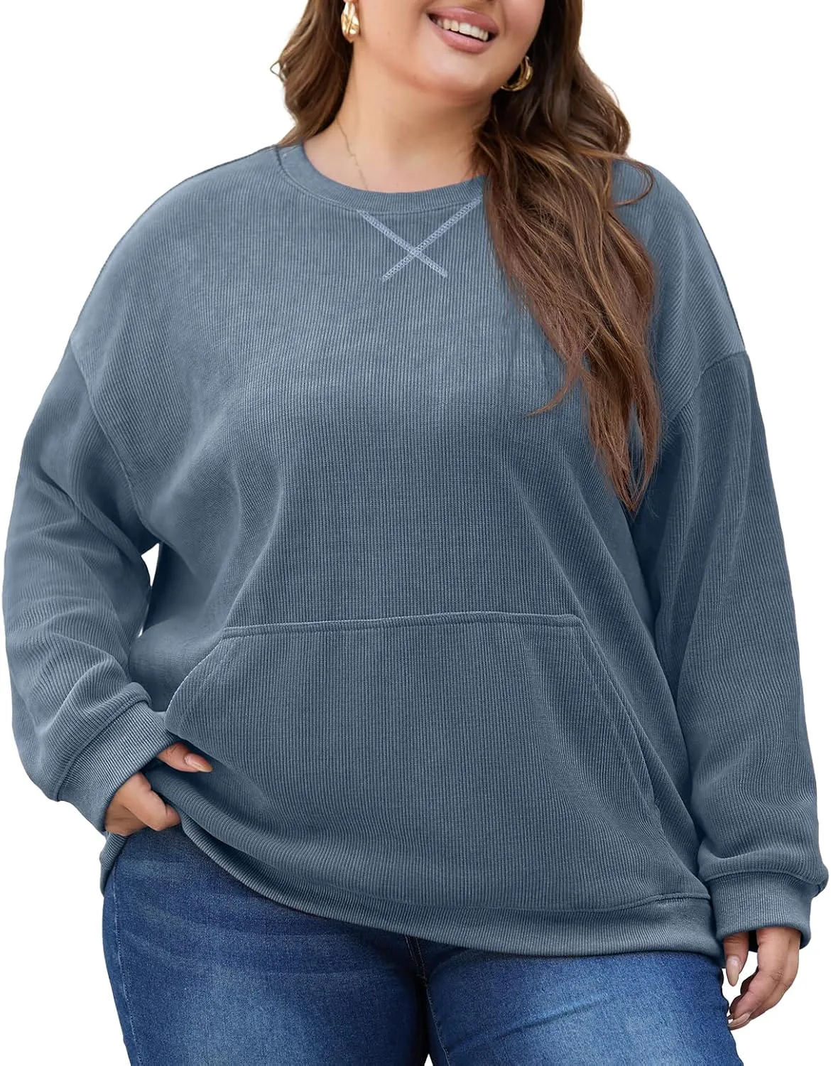 OLRIK Plus Size Sweatshirts for Women Corduroy Knit Long Sleeve Crew Neck Pullover with Pocket 2025 Trendy Sweater 1X-5X