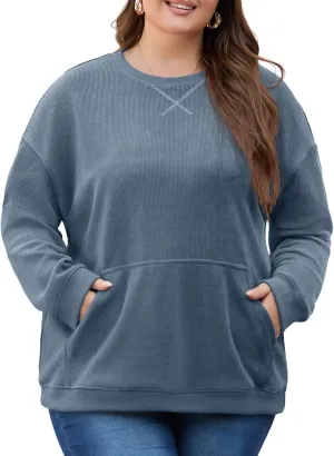 OLRIK Plus Size Sweatshirts for Women Corduroy Knit Long Sleeve Crew Neck Pullover with Pocket 2025 Trendy Sweater 1X-5X