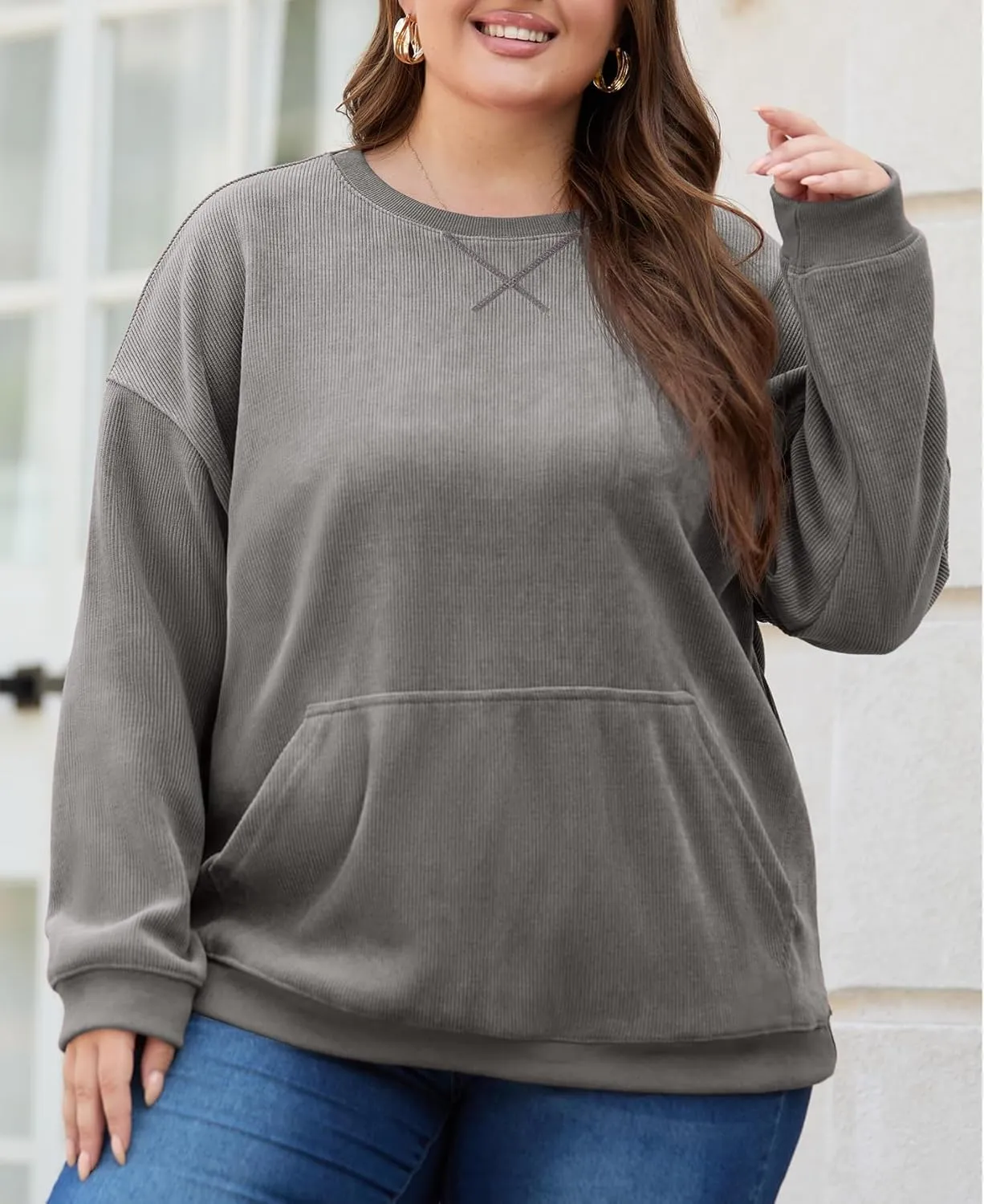 OLRIK Plus Size Sweatshirts for Women Corduroy Knit Long Sleeve Crew Neck Pullover with Pocket 2025 Trendy Sweater 1X-5X