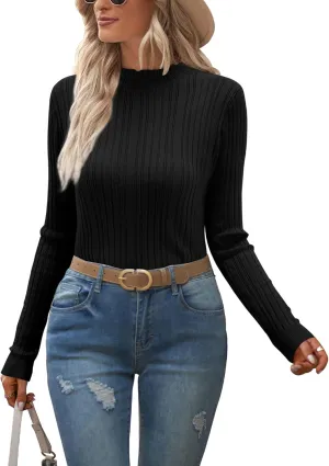 OUGES Womens 2024 Spring Summer Tops Basic Slim Fit Sweaters Turtleneck T Shirts Business Casual Outfits