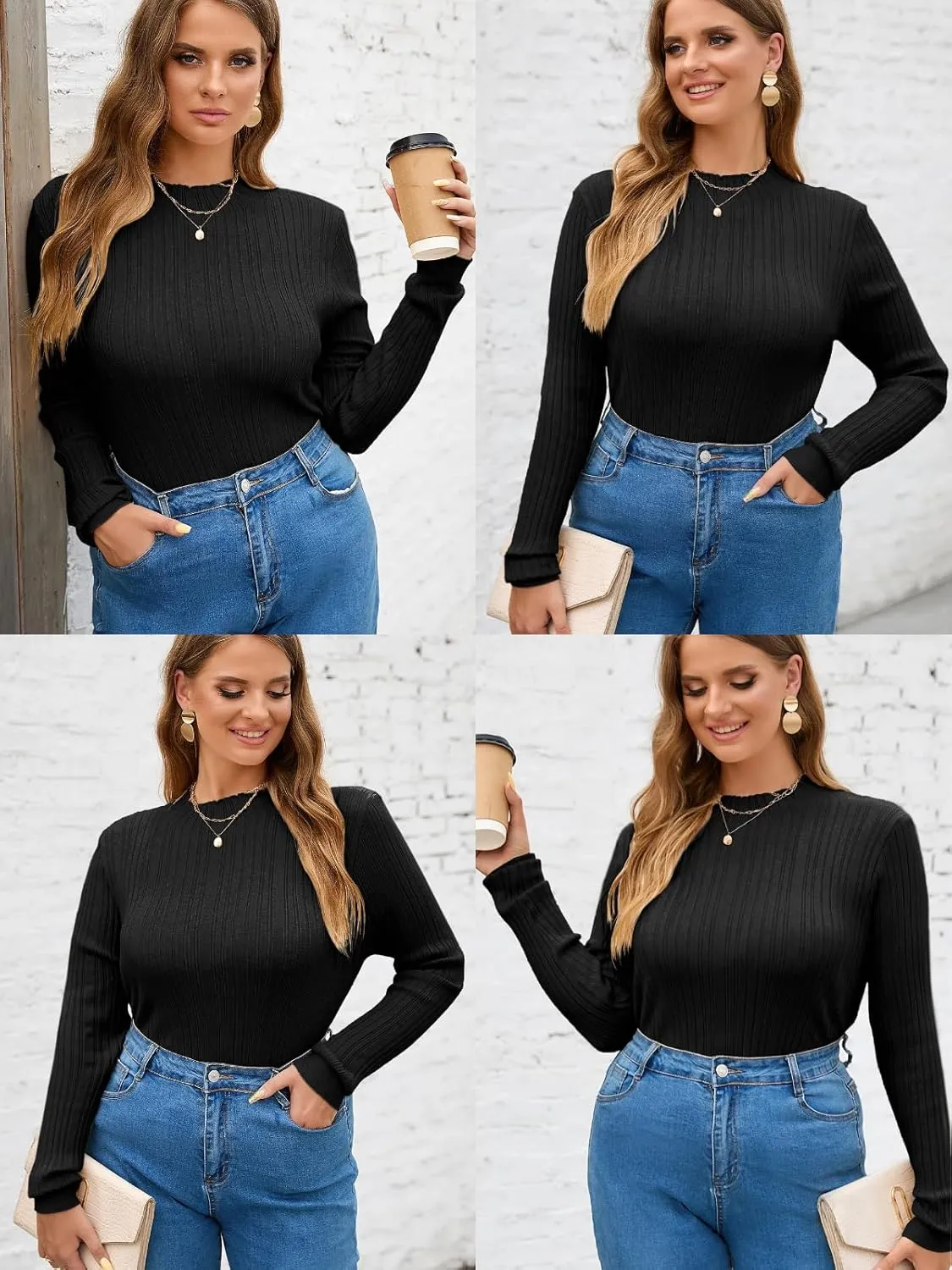 OUGES Womens 2024 Spring Summer Tops Basic Slim Fit Sweaters Turtleneck T Shirts Business Casual Outfits