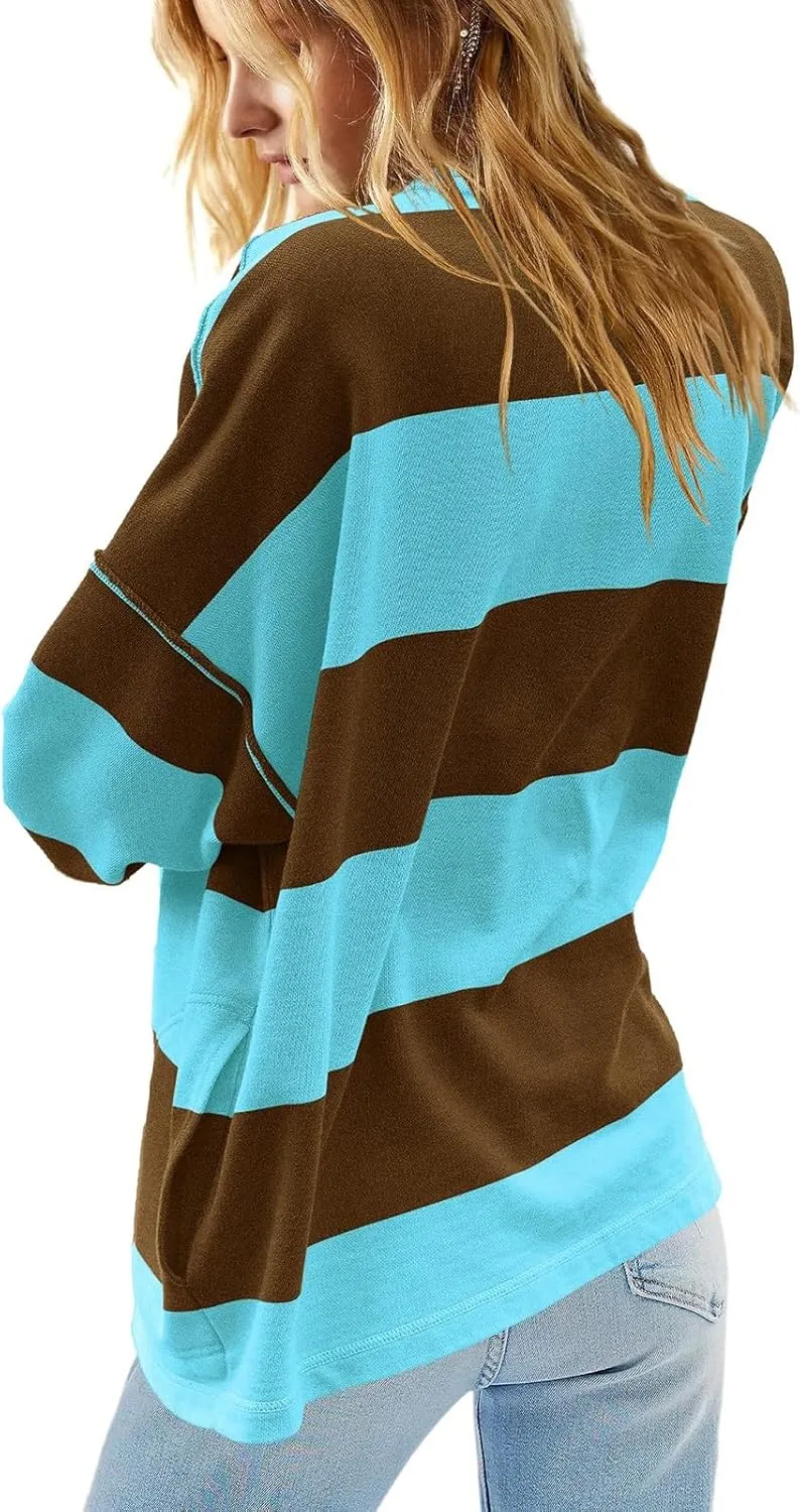 Oversized Half Zip Pullover Women Baggy Drop Shoulder Striped Sweatshirts Trendy Y2K Sweatshirt Fall Outfits w/Pocket