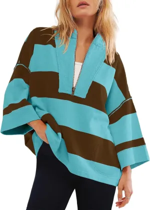 Oversized Half Zip Pullover Women Baggy Drop Shoulder Striped Sweatshirts Trendy Y2K Sweatshirt Fall Outfits w/Pocket