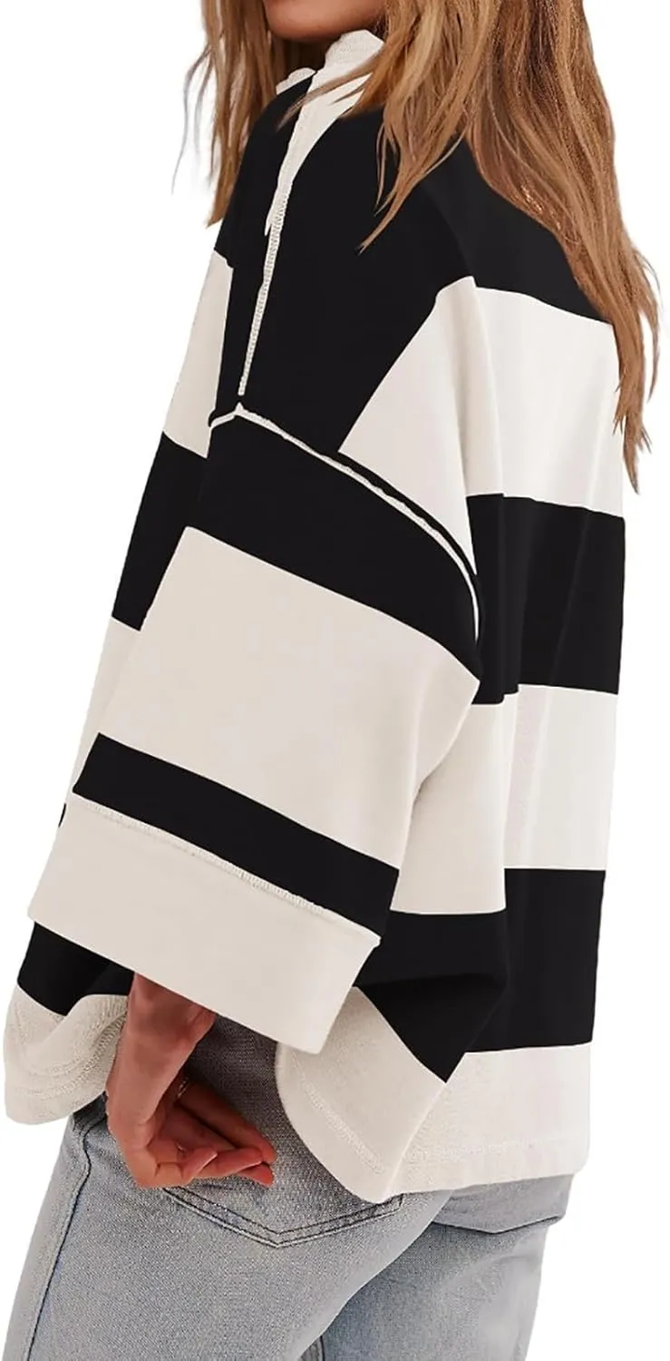 Oversized Half Zip Pullover Women Baggy Drop Shoulder Striped Sweatshirts Trendy Y2K Sweatshirt Fall Outfits w/Pocket