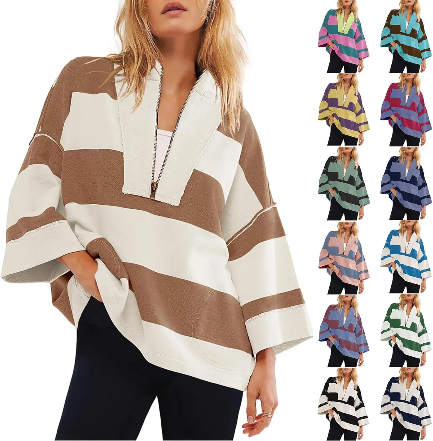 Oversized Half Zip Pullover Women Baggy Drop Shoulder Striped Sweatshirts Trendy Y2K Sweatshirt Fall Outfits w/Pocket