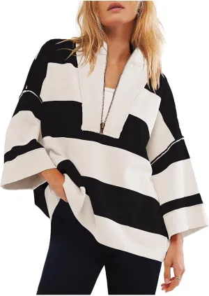 Oversized Half Zip Pullover Women Baggy Drop Shoulder Striped Sweatshirts Trendy Y2K Sweatshirt Fall Outfits w/Pocket