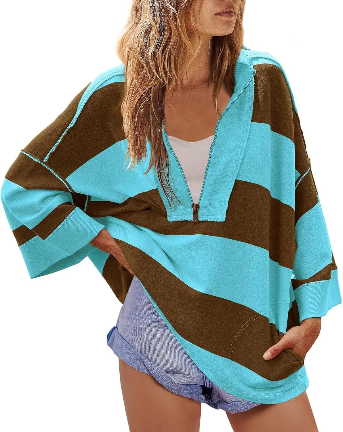 Oversized Half Zip Pullover Women Baggy Drop Shoulder Striped Sweatshirts Trendy Y2K Sweatshirt Fall Outfits w/Pocket