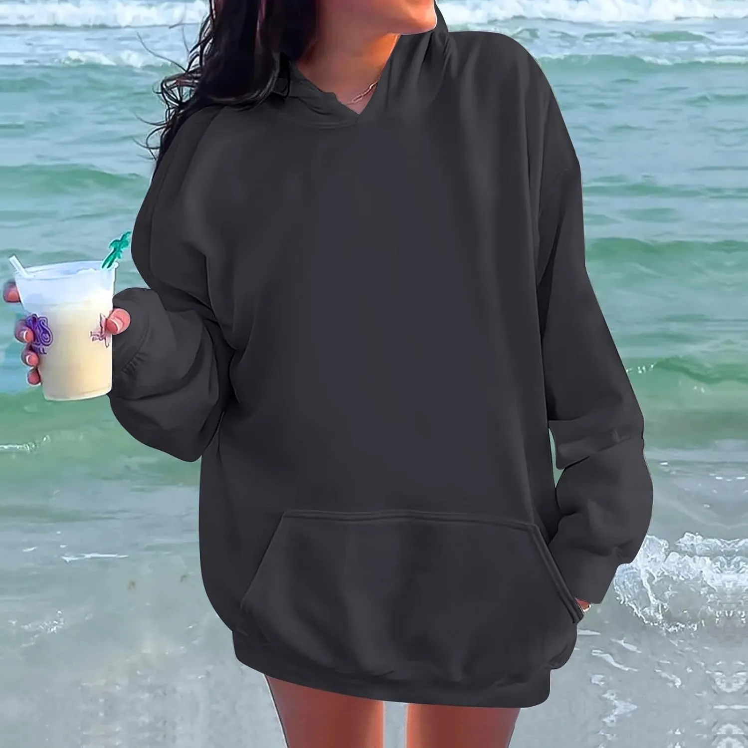 Oversized Hoodies for Women Fleece Plain Hooded Sweatshirts with Pocket Casual Long Sleeve Pullover Sweaters Y2k Tops