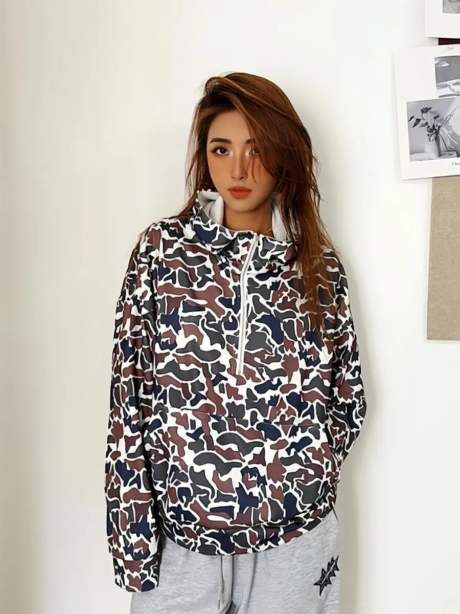 Oversized Quarter Zip Pullover Women Camo Zip Up Hoodie Purple Camo Hoodie Womens Colorful Patchwork Graphic Hoodies