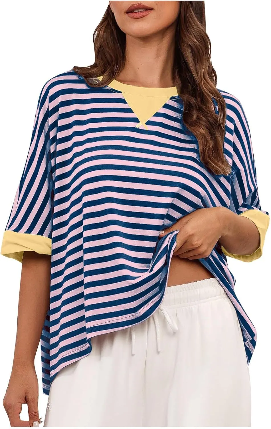 Oversized Tshirts for Women Crew Neck Striped Short Sleeve Blouses Casual Fashion Daily Womens Workout Tops