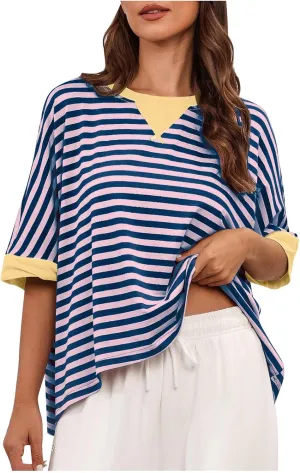 Oversized Tshirts for Women Crew Neck Striped Short Sleeve Blouses Casual Fashion Daily Womens Workout Tops